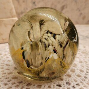 VINTAGE MURANO STYLE ART GLASS HAND BLOWN PAPERWEIGHT YELLOW WHITE BROWN SWIRLS